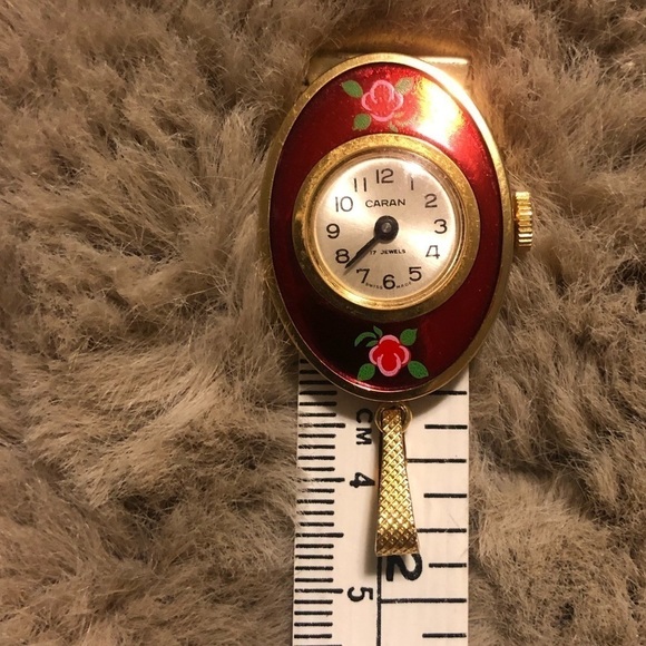 Vtg 60s caran bubble enamel pendant watch 17 jewels hand painted flowers - Picture 6 of 7